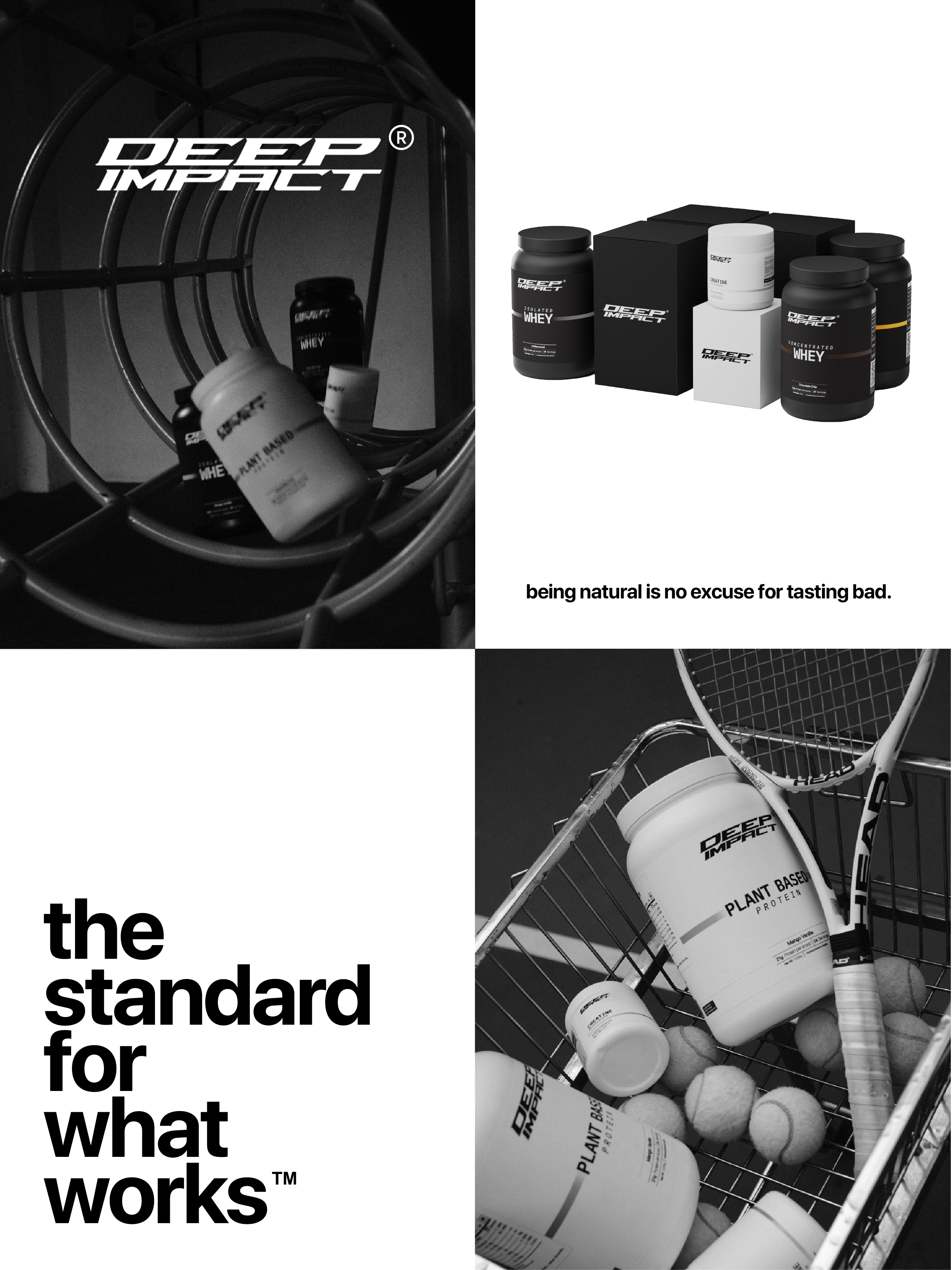 Collage of best tasting whey protein jars by deepimpact including bottles, a tennis racket, and balls. best tasting Vegan protein in india.